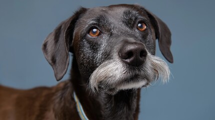 Close-up portrait of a mixed-breed dog with gray snout and brown eyes against blue background