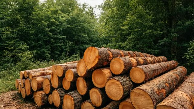 Piled logs in forest, showcasing timber harvesting