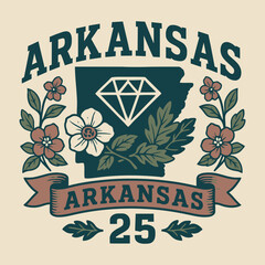 Vintage Arkansas state emblem vector illustration with diamond, apple blossom and oak leaves – retro collegiate badge design