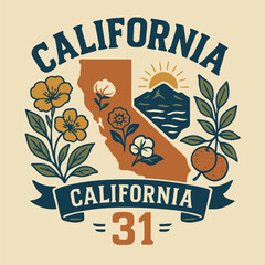 Vintage California state emblem vector illustration with sunset, poppies and oranges – retro collegiate badge design