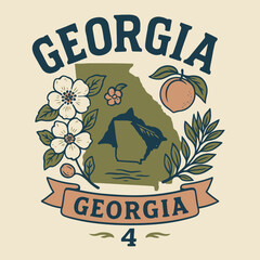 Vintage Georgia state emblem vector illustration with Cherokee rose, peach and oak – retro collegiate badge design