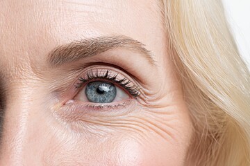 Obraz premium Close-up view of a half face, a middle-aged woman from the 1950s looks directly at the camera, set against a plain white background, promoting skincare treatments to combat dry skin and signs of