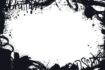 Grunge border frame with black ink splatters, spray textures and distressed edges. Ideal for posters, backgrounds, or vintage designs with a raw, textured look.