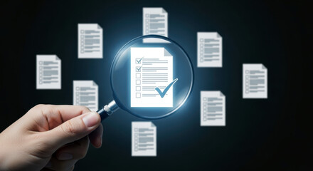 Hand holding magnifying glass over checklist document for inspection and audit use cases