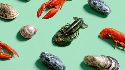 Colorful shellfish and lobsters on green background