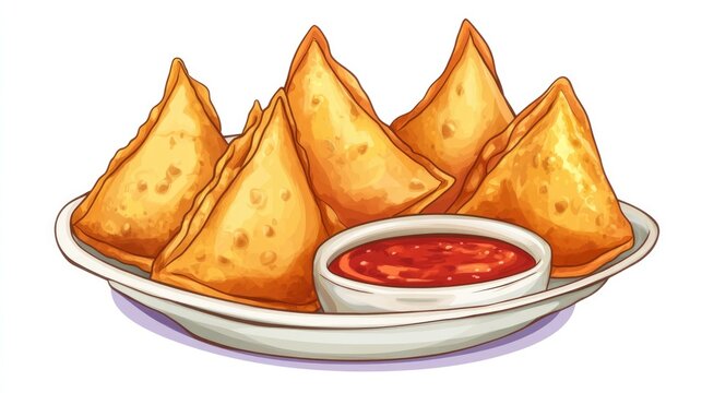 samosas with red sauce on a plate clip art preview