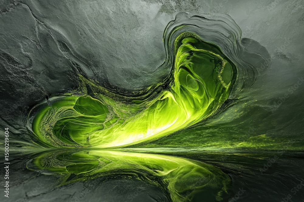 Poster abstract green cave landscape with swirling patterns and reflective water, creating a surreal and me