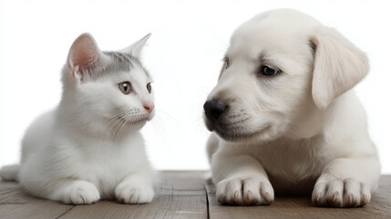 Playful moment between curious white kitten and friendly labrador puppy on wooden floor