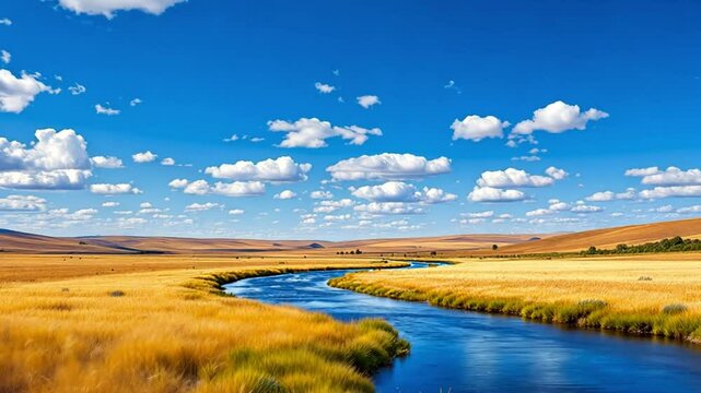 Golden fields meet a flowing river under a vast blue sky