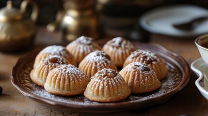 Delicious Golden Brown Pastries with Powdered Sugar on a Rustic Plate