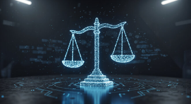 Digital scale of justice with glowing effect in a futuristic environment  