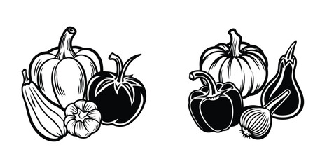 Hand-drawn vector illustration of autumn vegetables and fruits like pumpkin and apple, perfect for healthy fall season harvest and Thanksgiving decoration