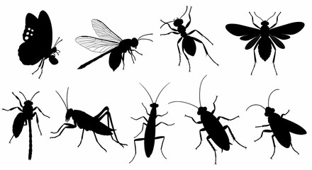 Silhouettes of various insect shapes on white background. Generative AI