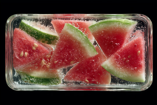 Rectangular transparent ice cube with watermelon slices suspended in bubbles
