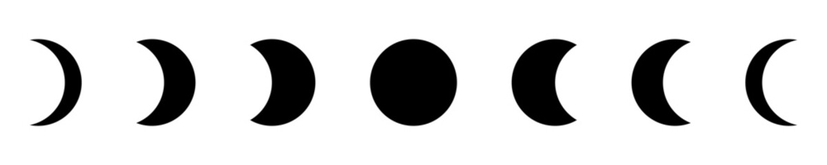 Moon phase symbol. Crescent icon in glyph. Crescent icon set. Lunar symbol in black. Moon silhouette.