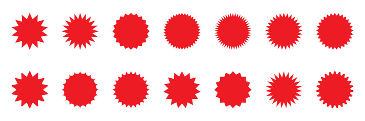 Set of red starburst, sunburst badges. Simple flat style vintage labels, stickers. 