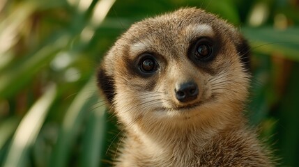 Fototapeta premium Friendly Meerkat Portrait: A close-up portrait of a charming meerkat, gazing directly at the viewer with captivating eyes. The meerkat's fur is a warm, earth-tone.