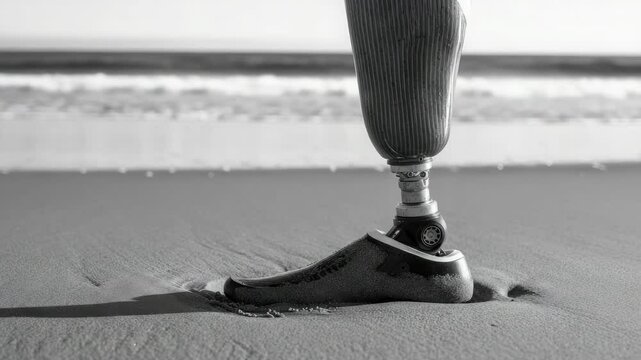 Prosthetic leg on sandy beach near ocean waves