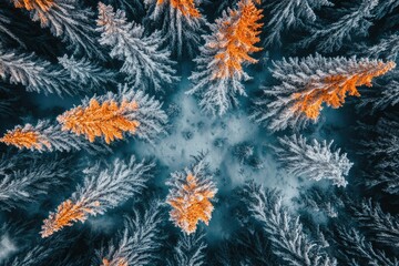 Aerial view of snow-covered pine trees with golden highlights creating a unique winter wonderland scenery.