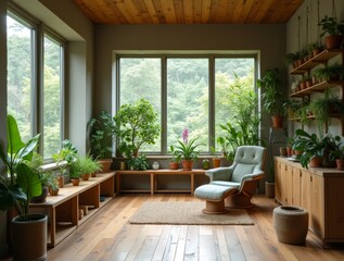 Eco studio interior, furniture from recycled materials, Forest Green and sand palette, hanging planters, panoramic window

