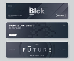 Modern web banner collection for events and conferences. Sleek luxury design in black color with bold text, perfect for business summits, tech events, or promotions. ideal for digital marketing campai
