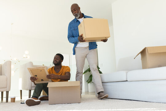 Unpacking African American family carrying boxes in living room, inspecting framed picture