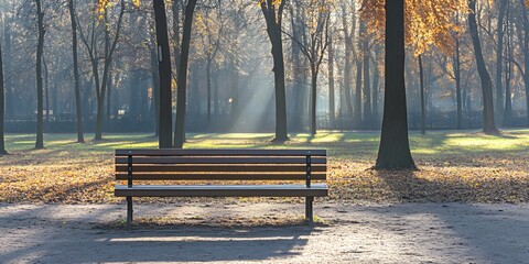 Serene Autumn Park Bench Sunbeams Misty Morning
