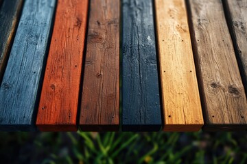 Fototapeta premium A close-up of a colorful wooden surface with a blurry background of green grass.