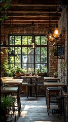 Obraz premium Sunlit cafe interior with brick walls, wooden tables, and potted plants