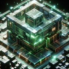 Fototapeta premium ultra realistic bright photo of a very high tech 3d software code structure lit with green and white light