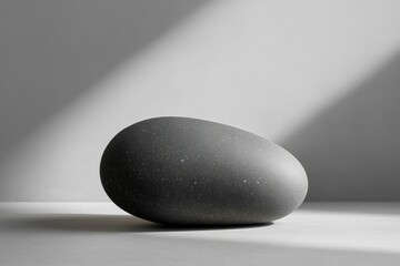 A dark gray speckled stone rests on a minimalist white surface, bathed in soft light.