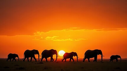 Fototapeta premium Majestic elephant herd silhouetted against vibrant african sunset horizon