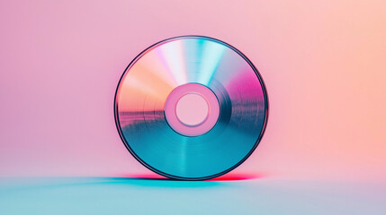 A compact disc (CD) on a pink  background, displaying its shiny, reflective surface with a central hole and rainbow hues.