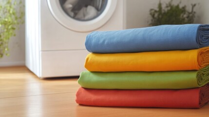 Stack of Colorful Folded Clothes Near Washing Machine