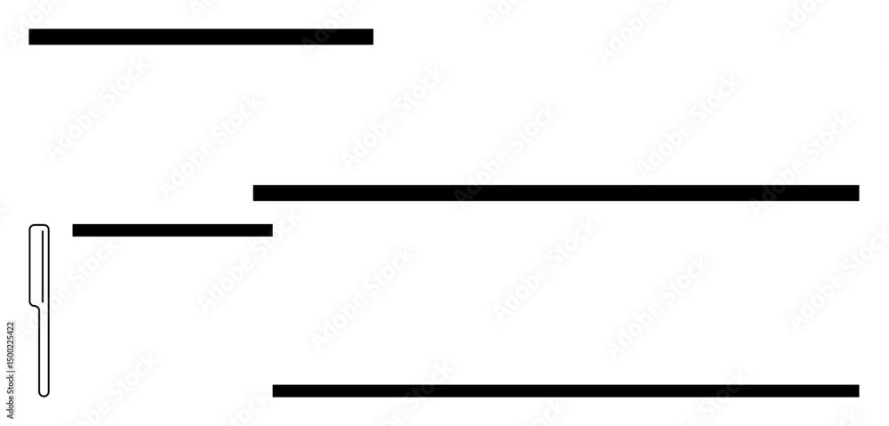 Poster horizontal black lines of varying lengths and thickness alongside a vertical shape create a geometri