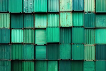 A wall of stacked green shipping containers creates a monochromatic industrial background and visual pattern.