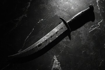 A striking monochrome shot showcases a Damascus steel knife with a dark, textured handle on marble.