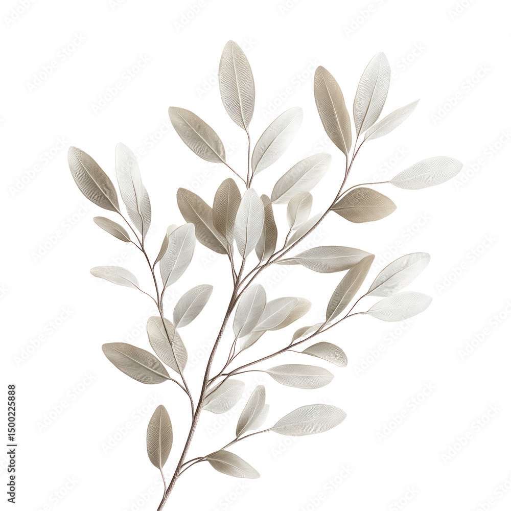 Poster elegant silver leaf branch on transparent or white. ideal for design elements, backgrounds, and addi