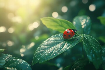 A red ladybug with black spots rests on a dew-covered green leaf, bathed in soft, bright sunlight in a natural setting.