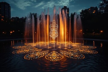 A stunning water fountain illuminated with intricate patterns and orange lights at night, creating a mesmerizing and beautiful spectacle.