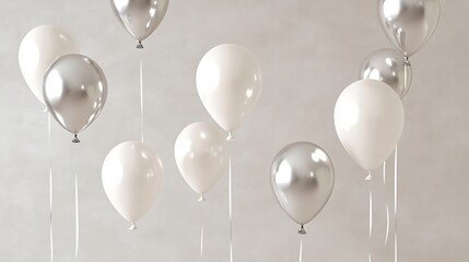 A minimalistic background with elegant white and silver balloons floating gracefully.