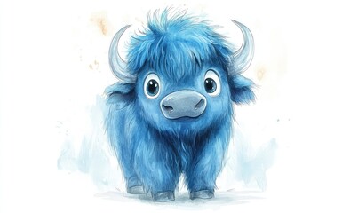 Obraz premium Fluffy blue buffalo with big eyes in watercolor style, isolated on white background. AI generated illustration.