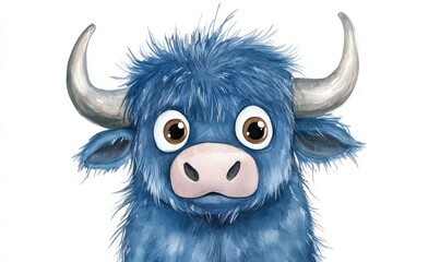 Fototapeta premium Fluffy blue buffalo with big eyes in watercolor style, isolated on white background. AI generated illustration.