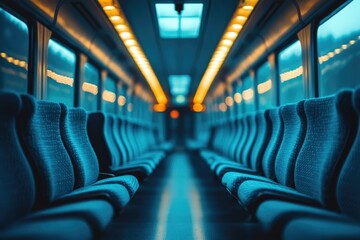 Fototapeta premium The interior of a passenger train car is shown with rows of empty seats and warm overhead lighting.