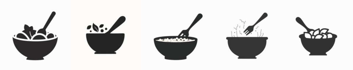 Salad Bowl Icon Set – Black Silhouette Food Symbol Collection
