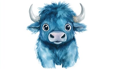 Fototapeta premium Fluffy blue buffalo with big eyes in watercolor style, isolated on white background. AI generated illustration.