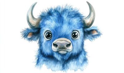 Fototapeta premium Fluffy blue buffalo with big eyes in watercolor style, isolated on white background. AI generated illustration.