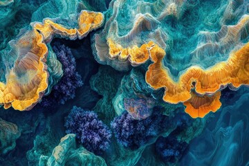 Abstract aerial view of a coral reef or coastal landscape, with vibrant blues, greens, purples, and oranges creating a textured, organic pattern.