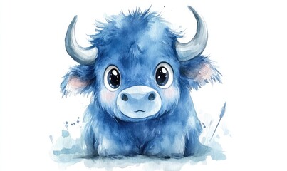 Obraz premium Fluffy blue buffalo with big eyes in watercolor style, isolated on white background. AI generated illustration.