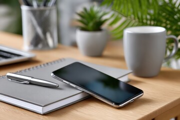 A smartphone placed on a desk alongside a notebook and a pen, complemented by a small potted plant, representing the blend of technology and nature in modern living.